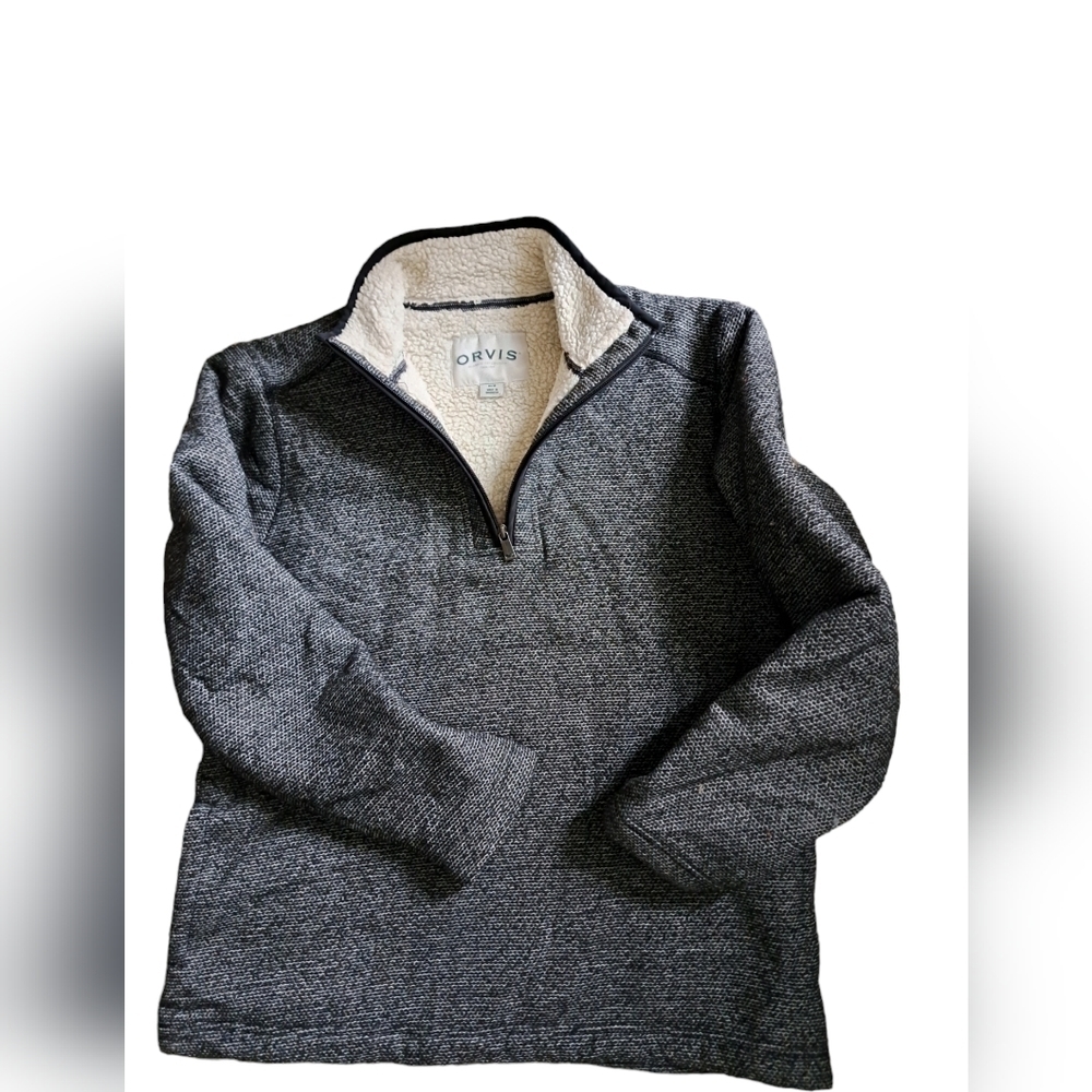 ORVIS pullover 1/4 zip sweater black sherpa like lining cozy coastal outdoor M